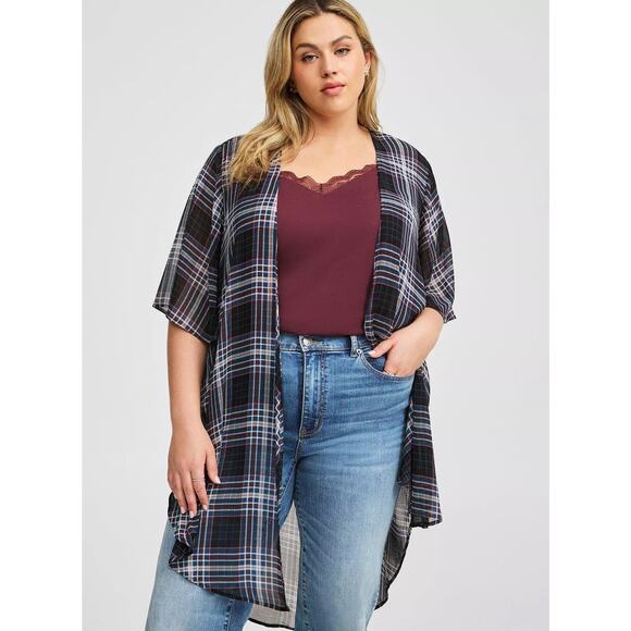 Torrid Memory Plaid Shirttail Kimono Lightweight Sheer Blue Beige Wine 1 1X - Picture 1 of 9